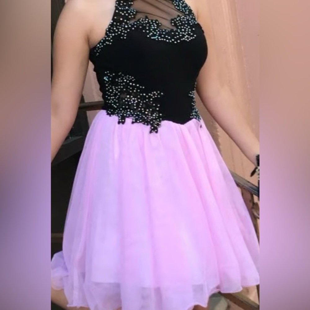 Pink and black embelished halter top dress